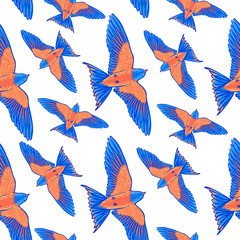 Fototapeta premium Seamless pattern. Blue tropical bird on a white background. bird of paradise. Hand drawn brush stroke elements.