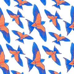 Deurstickers Vlinders Naadloze patroon. Blauwe tropische vogel op een witte achtergrond. paradijsvogel. Handgetekende penseelstreekelementen.