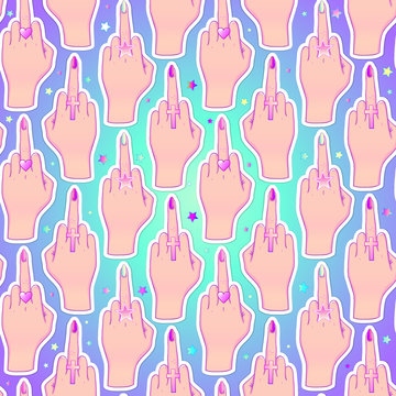 Female hand showing middle finger, seamless pattern. Feminism concept. Realistic style vector illustration in pink pastel goth colors.
