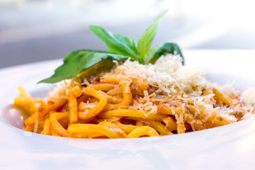 tasty pasta Italian meat sauce pasta on the table