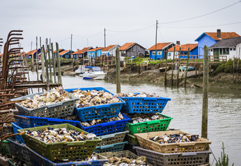 Fototapeta na wymiar Cabanes de pêcheurs en bord de mer à La Tremblade, Charente-Maritime, et paniers d'huitres, moules, crevettes et autres fruits de mer