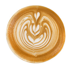 Top view of hot coffee cappuccino latte art foam isolated on white background, clipping path included