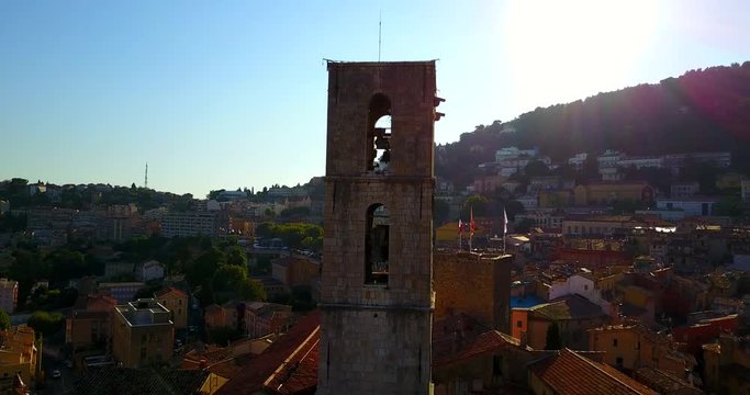 Vertical movement flight near NOTRE-DAME DU PUY  CATHEDRAL in typical Provence town GRASSE, French perfume capital, Alpes-Maritimes.  View of Old Town