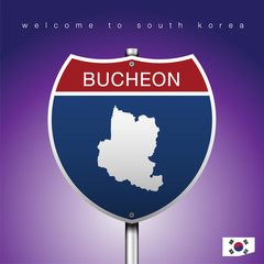 The City label and map of South Korea  In American Signs Style