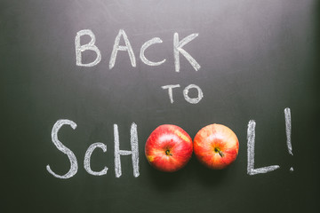 Back to school. Blackboard background, education concept. Top view