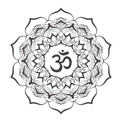 Om symbol with hand drawn mandala. Oriental decorative ornament  can be used for greeting card, wedding invitation, yoga poster, coloring book.