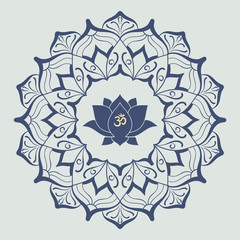 Om symbol with hand drawn mandala and Lotus. Set of oriental ornaments for greeting card, invitation, yoga poster, coloring book.
