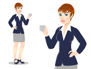 Businesswoman drinks tea, coffee