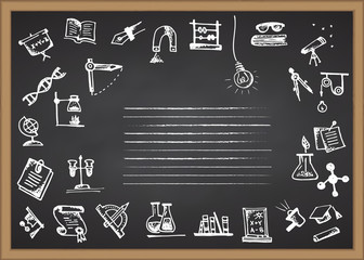 Fototapeta na wymiar Back to school. Hand drawn school icons and symbols on chalkboard. With place for your text