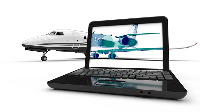 Wire Frame Jet Plane / 3D render image representing an luxury jet in wire frame on  laptop 
