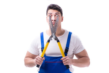 Man gardener with gardening scissors on white background isolate