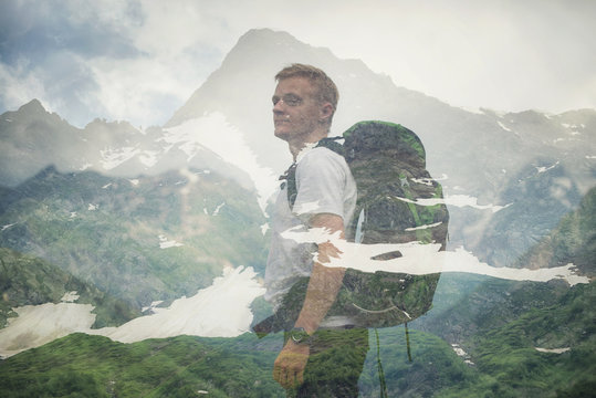 Double exposure with tourist and mountains. Concept and idea of travel
