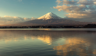 Fototapeta premium View of Mt.Fuji at sunrise from lake kawaguchiko yamanishi Japan ,Vintage tone