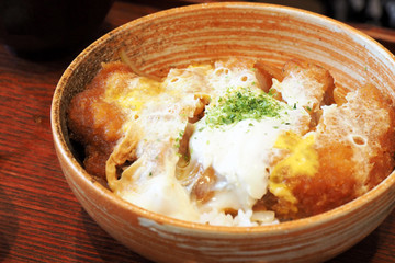 Katsudon is pork cutlet and egg with rice bowl in Japanese style