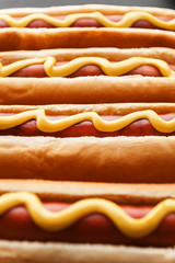 Barbecue Grilled Hot Dogs with  yellow American mustard, On a dark wooden background
