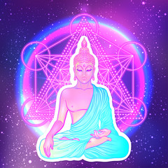 Sitting Buddha over sacred geometry background. Vector illustration. Psychedelic neon composition. Indian, Buddhism, Spiritual Tattoo, yoga, spirituality.
