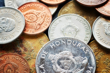 Close up picture of Honduran lempira coins, shallow depth of field.