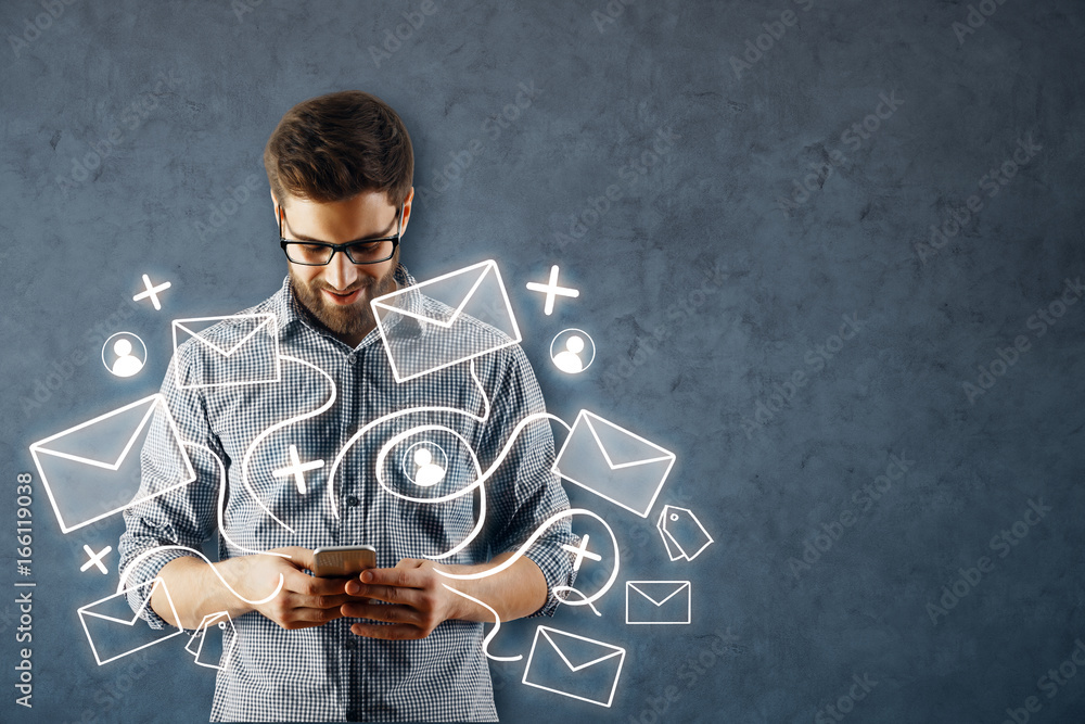 Poster Man using smartphone with email network