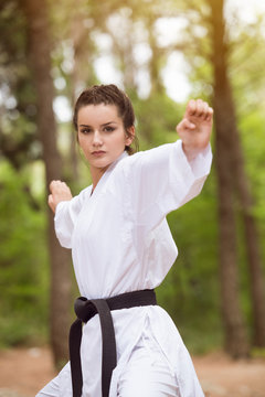 Taekwondo Fighter Expert With Fight Stance at Park