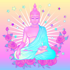 Sitting Buddha over sacred geometry background. Vector illustration. Psychedelic neon composition. Indian, Buddhism, Spiritual Tattoo, yoga, spirituality.