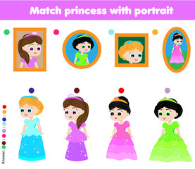 Children educational game. Matching pairs. Match princess with portrait
