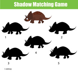 Shadow matching game. Educational children game with dino character