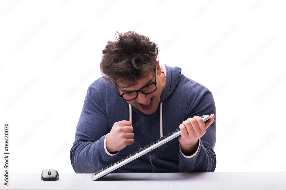 Aufkleber funny nerd man working on computer isolated on white