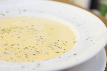 Delicious soup. Beautiful and tasty meal at the restaurant on a sunny day.