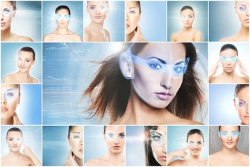 Healthy women with a laser hologram on eyes. Collage about eye scanning technology, ophthalmology and surgery. Futuristic concept.