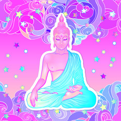 Sitting Buddha over sacred geometry background. Vector illustration. Psychedelic neon composition. Indian, Buddhism, Spiritual Tattoo, yoga, spirituality.