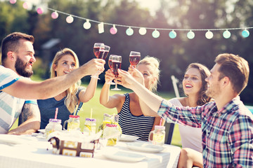 Friends having barbecue party in backyard