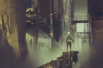 Foto op Plexiglas Dam scène van de ingenieur die op een platform staat en kijkt naar futuristische dam, digitale kunststijl, illustratie, schilderkunst