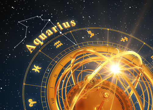 Zodiac Sign Aquarius And Armillary Sphere On Blue Background