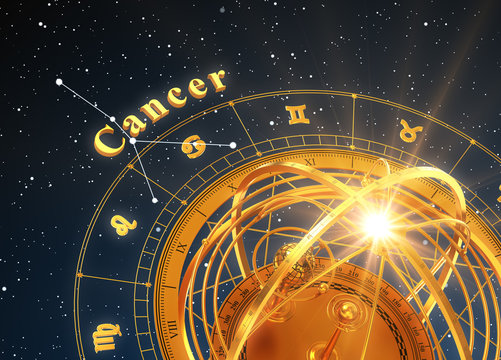 Zodiac Sign Cancer And Armillary Sphere On Blue Background