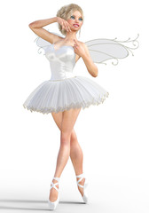 Naklejka premium 3D ballerina with wings. Forest Fairy. Butterfly. White ballet tutu. Blonde girl with blue eyes. Ballet dancer. Studio photography. High key. Conceptual fashion art. Render illustration.