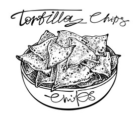 Tortilla chips plate. Graphic hand drawn vector illustration.