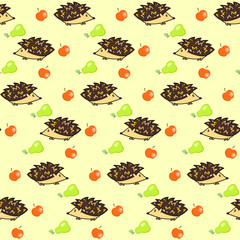 Cute kids seamless pattern with hedgehogs, apples and pears. Nice childrens texture for textile, wrapping paper, covers, background, wallpaper