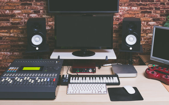 music production equipment in digital recording studio