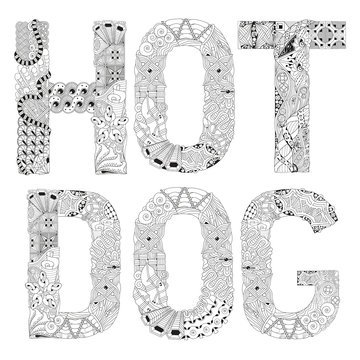 Word hot dog for coloring. Vector decorative zentangle object