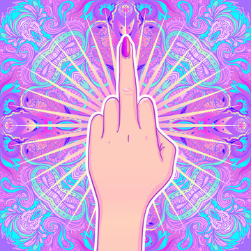 Female hand showing middle finger over mandala, beautiful vintage round pattern. Vector illustration. Psychedelic neon composition. Indian.