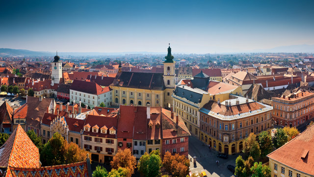 Panoramic view of Sibiu central square in Transylvania, Romania