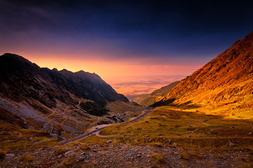 Golden hour wide angle sunset shot of the Fagaras Mountains, Sibiu, Transylvania, Romania