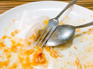 Dirty white plate with eaten food in a cafe