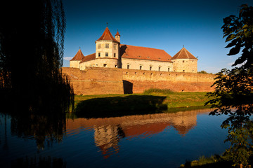 Golden hour sunset shot of the Fagaras Castle and moat, Sibiu, Transylvania, Romania, framed by vegetation