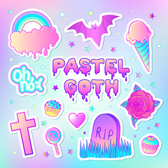 Colorful seamless pattern: candies, sweets, rainbow, ice cream, tombstone, cross, lollipop, cupcake, rose, bat. Vector illustration. Stickers, pins, patches. Halloween pastel colors.