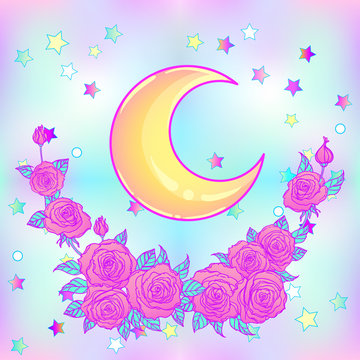 Mystical background with sky, moon, stars and red roses on a white background. Tattoo. Hipster style, pastel goth, vibrant colors.