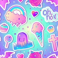 Colorful seamless pattern: candies, sweets, rainbow, icecream, tombstone, cross, lollipop, cupcake, rose, bat. Vector illustration. Stickers, pins, patches. Halloween pastel colors.