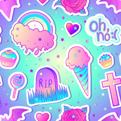 Fototapeta premium Colorful seamless pattern: candies, sweets, rainbow, icecream, tombstone, cross, lollipop, cupcake, rose, bat. Vector illustration. Stickers, pins, patches. Halloween pastel colors.