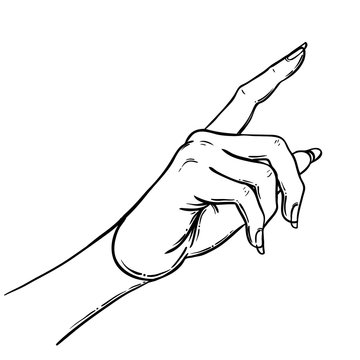 Female hand pointing on something with forefinger. Showing direction, selection, attention, caution, fingerprint, choice symbol. Black and white vector illustration in vintage style