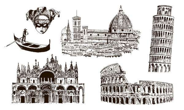 Italian architectural symbols: Coliseum, Duomo Santa maria del fiore, pisan tower, Basilica di San Marco, gondola, carnaval mask. drawn vector sketch illustration